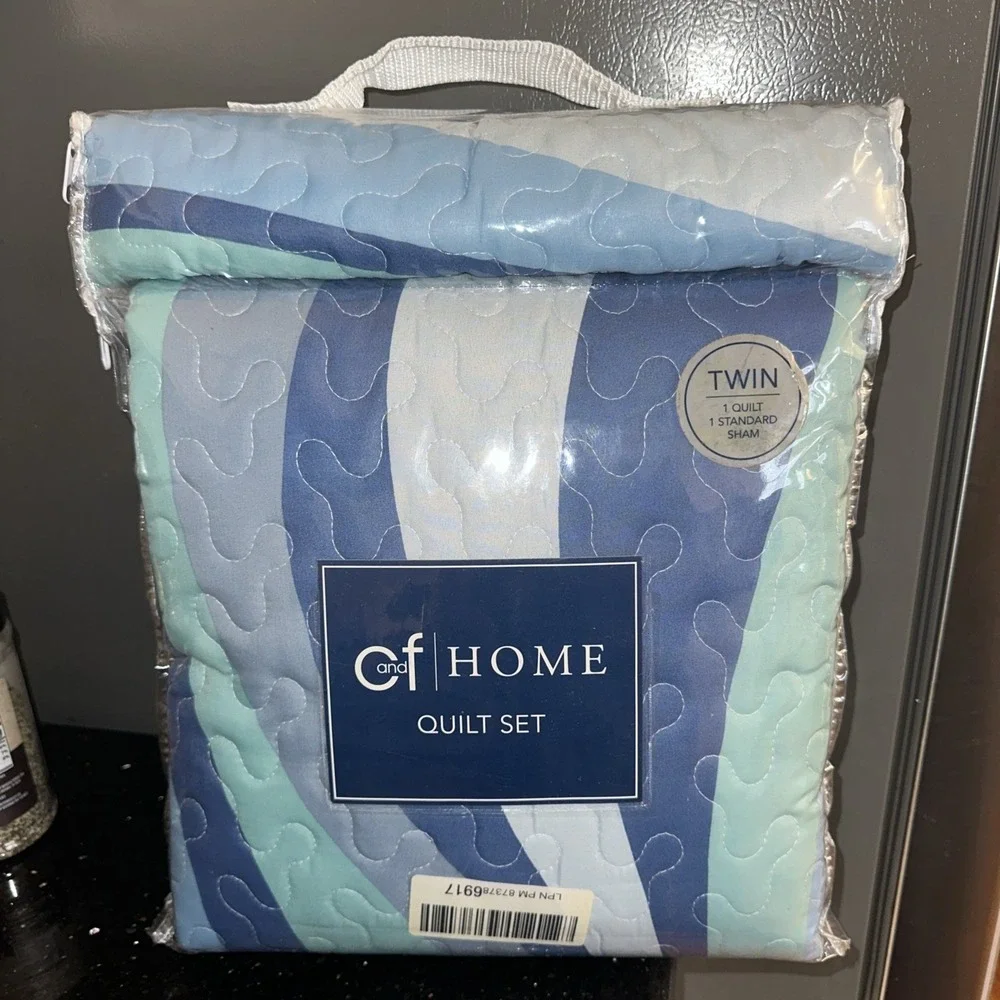 Sea Waves Blue White Quilt Set Twin Ocean Reversible Coastal Comforter Shams